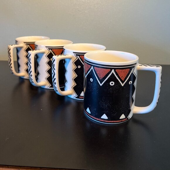 Set of 4 Vintage MIKASA Fashion Plate MOZAMBIQUE Pattern Tribal Art Ceramic Mugs - Picture 4 of 13